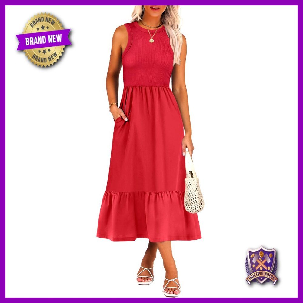 Sleeveless Midi Sundress Racerback Flowy Casual Summer Dress with Pockets